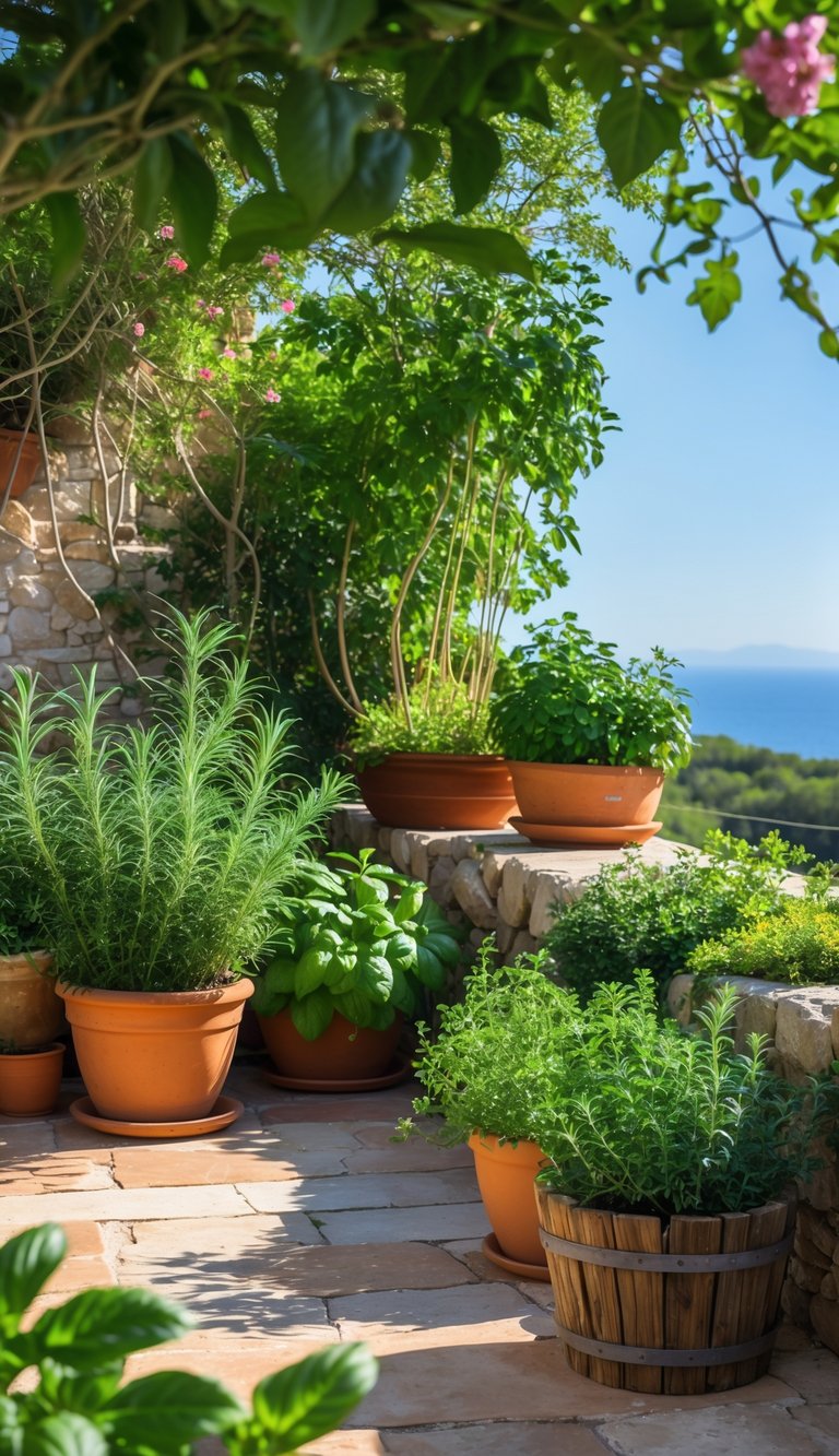 A sunlit terrace garden filled with pots of Mediterranean herbs like rosemary, thyme, and basil, surrounded by stone walls and greenery.
